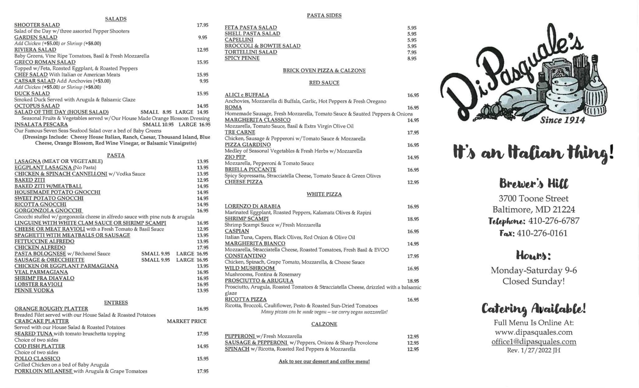 Dipasquale's Brewers Hill Lunch Menu Page 1