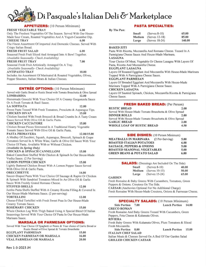 Dipasquale's Catering Menu Page 1