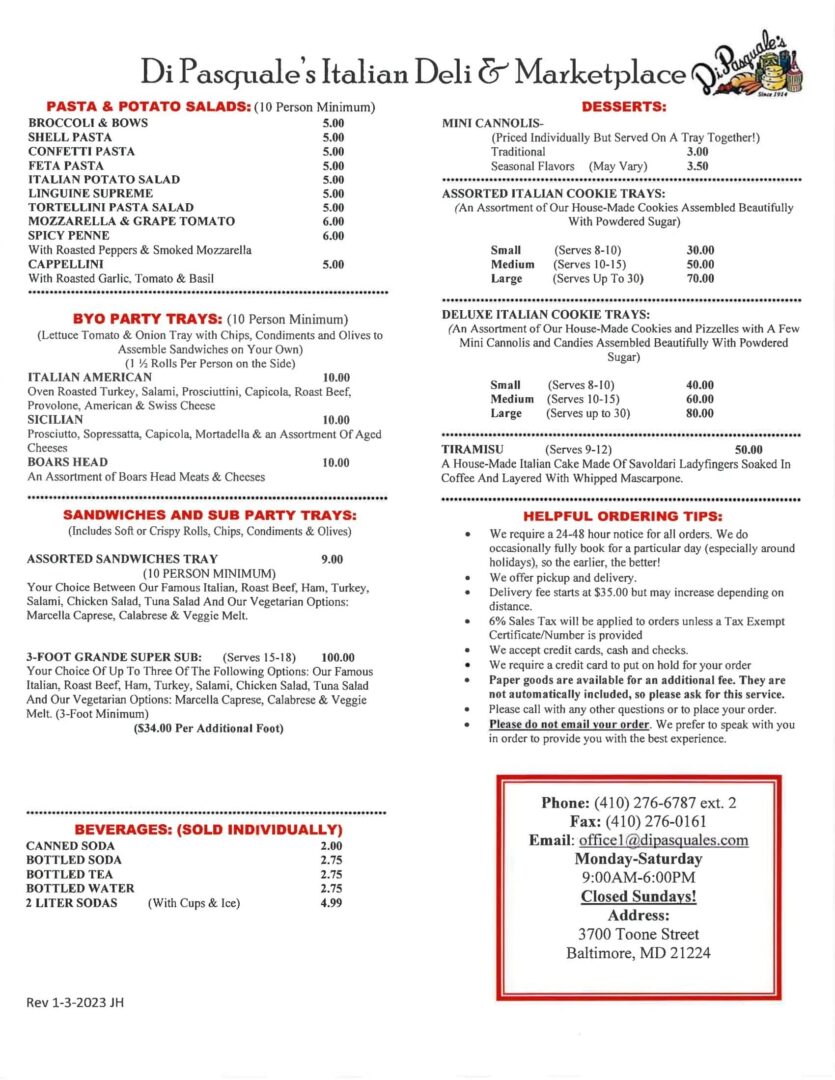 Dipasquale's Catering Menu Page 2
