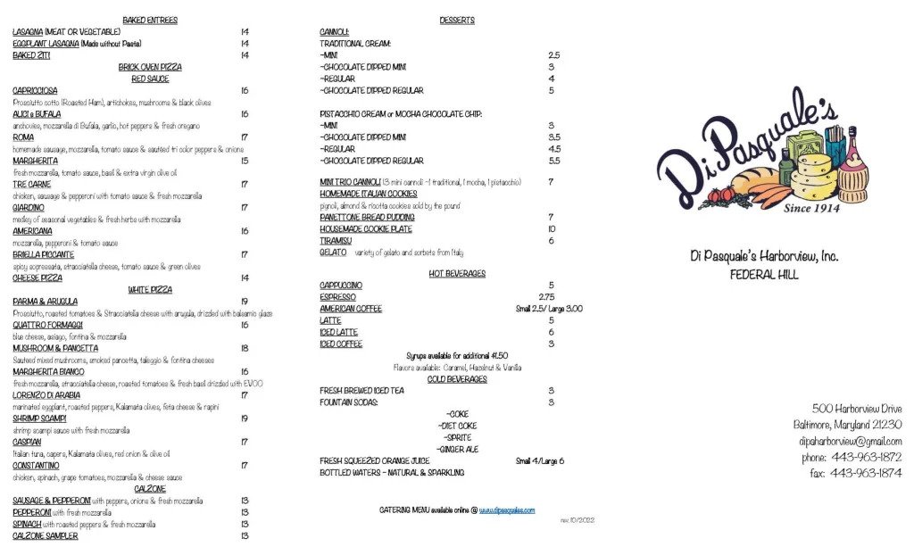 Dipasquale's Harborview Menu Page 1