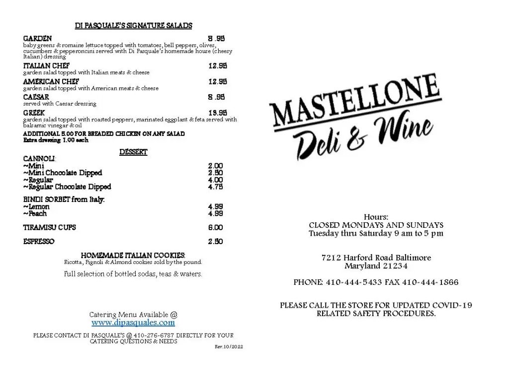 Mastellone's Deli & Wine Shop Menu Page 1